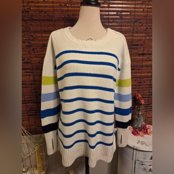 Talbots Sweaters - Talbots White Crewneck Sweater with Blue and Lime Stripes